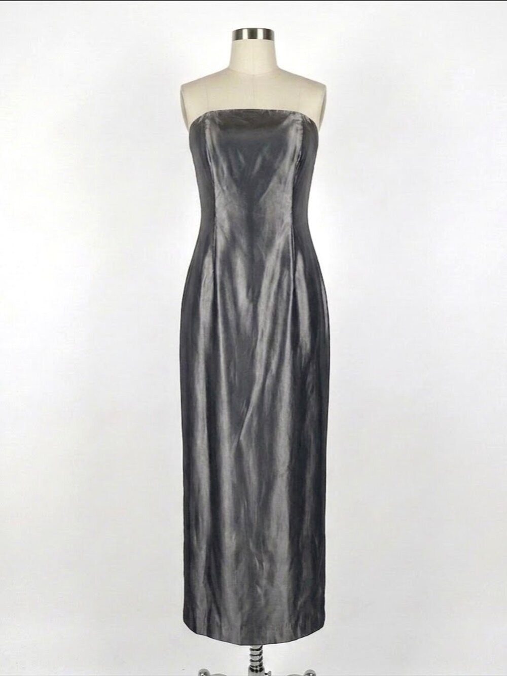 Bebe VTG Y2K Silver Metallic Strapless Maxi Dress 6 - 8 Gown Made in USA *READ